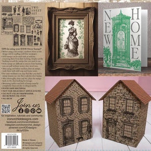 May include: A set of two brown papercraft houses with brick patterns. The houses are part of a craft kit from Iron Orchid Designs. The kit includes stamps, stencils, and other decorative elements for crafting.