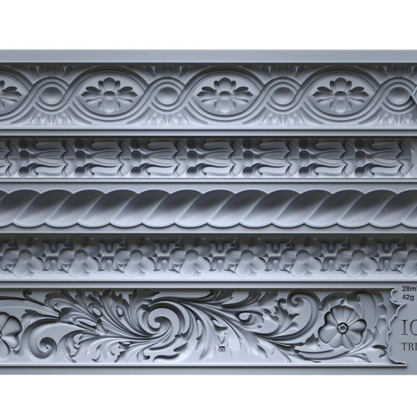 May include: A silicone mold with five different decorative trim designs. The mold is gray and has measurements in milliliters and grams for each design. The text "IOD TRIMMINGS 2" is printed on the mold.