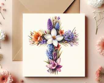 Kristet påskkort – Blommig korsillustration i akvarell