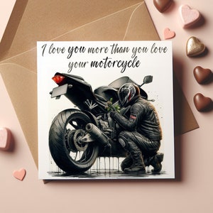 Je t'aime plus que tu n'aimes ta moto - Saint-Valentin : aquarelle pour carte de voeux carrée 140 x 140 mm 5,5 x 5,5 pouces