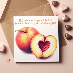 Si j'étais une pêche - Carte de Saint-Valentin : carte de voeux carrée avec peinture aquarelle 5,5 x 5,5 pouces (140 x 140 mm). Romantique, amour, coeur