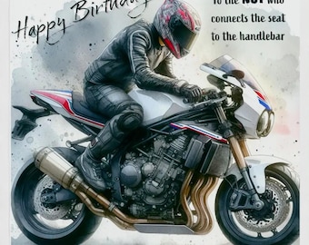 Funny Biker Birthday Card – Watercolour Motorcycle Illustration - Wheelie Motorbike Pun Joke Humour