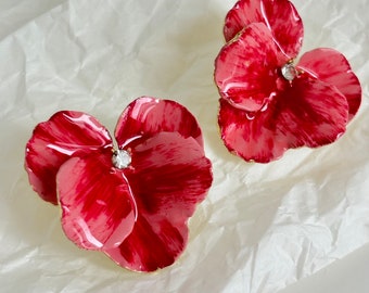 Pendientes de orquídea roja: pendientes florales llamativos de plata S925