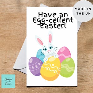 Excelente tarjeta de felicitación de Pascua con diseño de conejito y huevos: divertida tarjeta de Pascua para familiares y amigos, perfecta para la primavera.