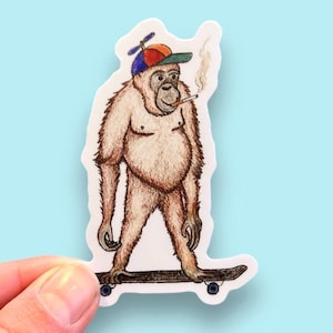 May include: A sticker of a brown orangutan wearing a colourful hat with a propeller, smoking a cigarette, and riding a skateboard.
