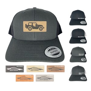 Custom Laser Engraved 2024 Jeep Wrangler 2-Door Topless Silhouette Leather Patch Hat - Handmade with Personalization Touch