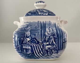 LIBERTY BLUE Betsy Ross Sugar Bowl with Lid Historic Colonial Scenes