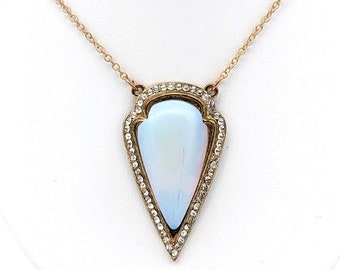 Vintage Opalite Stone and Rhinestones Pendant Necklace | Golden Retro Long Necklace White with Crystals | Elegant Arrowhead Drop Pendant