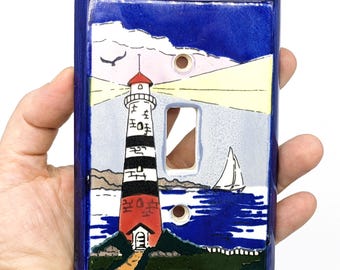 Hand Painted Ceramic Lighthouse Light Switch Cover Plate | Canadian Cottage Coastal Wall Accent | All Fired Up Ltd Vintage Artisan Décor