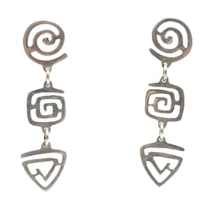 Vintage Mexican Sterling Silver 925 Geometric Drop Earrings | Swirl Circle Square Triangle | Boho Hippie Jewelry Gift Bold MCM Modernist