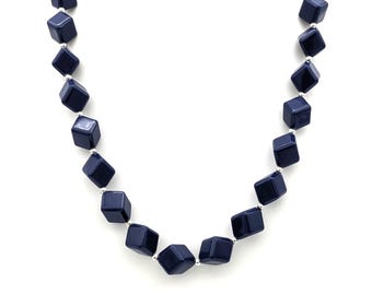 Vintage Necklace 3D Cubes Dark Blue | Modernist Square 3d Beaded Necklace Deep Blue and Gold Tone | One of a Kind Statement MCM Necklace 24”