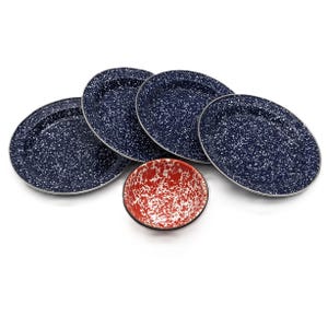 Vintage Enamelware 4 Plates 1 Bowl Set Blue & Red | 5 Pieces Set of Enamel Dishes Speckled Splattered | Graniteware Camping Farmhouse Plates