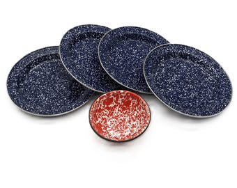 Vintage Enamelware 4 Plates 1 Bowl Set Blue & Red | 5 Pieces Set of Enamel Dishes Speckled Splattered | Graniteware Camping Farmhouse Plates