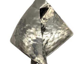 Vintage Hammered Silver Tone Brooch | 1980s Geometric Modernist Design Pin | Large Brutalist Statement Brooch Pin | Artisan Statement Brooch