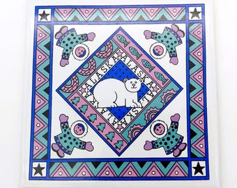 Alaska Wall Decor Tile Polar Bear and Eskimo | Vintage Cute Polar Bear Wall Art Ceramic Home Decor | Tile Pot Trivet Wall Decor Alaska
