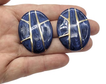 Vintage Large Blue Golden Oval Stud Earrings | Deep Blue Enamel Swirl Gold Tone Earrings Elegant Studs | Big Blue Modernist Vintage Earrings