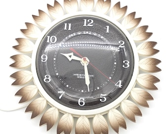 1960s Wall Clock Sunflower Electric Clock Brown and Cream | Posey Flower Electric Wall Clock Westclox Made In Canada | Mod Style Wall Clock