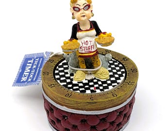 Hot Stuff Kitchen Timer Fun Resin Figurine by Boston Warehouse | 60 Minute Mechanical Timer Sassy Lady and Poodle | Vintage Kitchen Decor