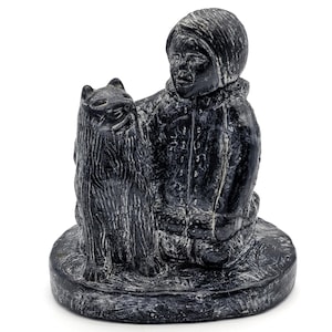 Vintage Jolin Soapstone Inuit Inspired Figurine | Inuit Child and Dog Statue Handcrafted in Canada |Arctic Themed Stone Carved Statue