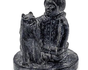 Vintage Jolin Inuit Inspired Soapstone Figurine | Inuit Eskimo Child and Dog Statue Handcrafted in Canada |Arctic Themed Stone Carved Statue