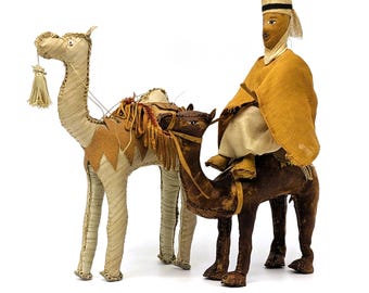Vintage Moroccan Leather Camel Figurines | Set of 2 Hand-Stitched Dromedary Camels with Rider | 1960s Boho Safari Folk-Art Decor