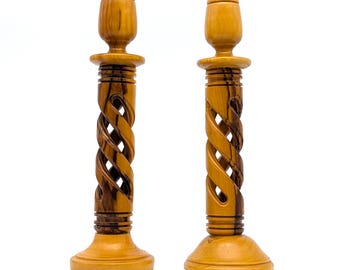 Candlesticks wood barley twist hand-turned pair 8 in / 20.3 cm vintage
