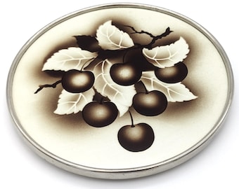 Antique Porcelain Trivet Spritzdekor Vintage Silver Tone Jugendstil Spray Painted Cherries Art Deco Kitchen White Ceramic Sepia Teapot Stand