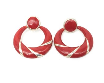 Vintage 80s Earrings Red Enamel Silver Tone | Door Knocker Studs Retro Geometric Earrings | Art Deco Jewelry Gift Accessory Elegant Earrings