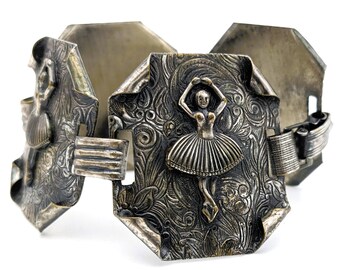 1960s Silver Plated Bracelet Ballerina Panel Bracelet |Mid Century Brutalist Bracelet Dancer| Rare Link Statement Bracelet | Rustic Bracelet