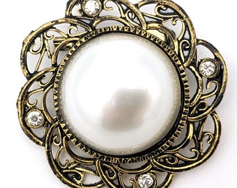 Vintage Large Brooch Pearl and Gold Color | Antique Style Round Brooch Statement Jewelry | Pearl Imitation Pin with Rhinestones