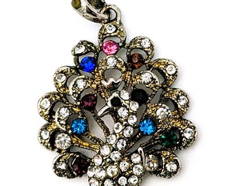 Vintage Peacock Pendant with Multicolored Rhinestones Gold and Silver Tone | Small Cute Peafowl/Peacock Retro Pendant Charm