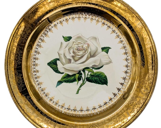 Featured listing image: Vintage 1953 22 KT. Gold Rimmed Plate Rose | HL (Homer Laughlin) Eggshell Nautilus,  USA number D53N5 - by Georgian China Collingwood Canada