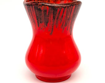 1960s Canadian Ceramic Vase - Mid-Century Modern Red with Black Brush Glaze