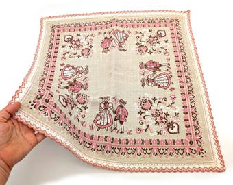 Austrian Jacquard Cotton Table Topper | Pink Couple & Floral Design | Scalloped Lace Edge