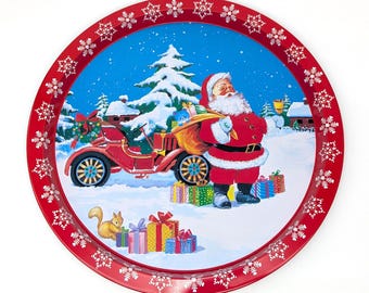 1980s Santa Christmas Tray with Car | Red Snowflake Metal Serving Plate Decor
