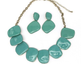 Vintage Aqua Green Enamel Bib Necklace & Earrings Set | Chunky Geometric Statement Jewelry | Adjustable Gold Tone Chain | Retro Chic Gift