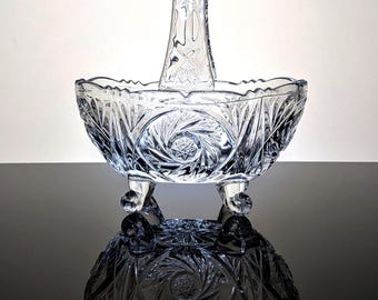 Vintage Clear Glass Pinwheel Basket | Small Sparkling Glass Candy Dish | Footed Oval Bowl with Handle | Clear Basket Glass Elegant Decor