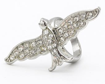 Vintage Flying Bird Ring Silver Plated Rhinestone Cocktail Ring | Soaring Bird Large Ring White Crystals Silver Plated | Retro Chunky Ring