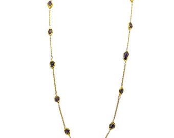 Vintage Amethyst Station Long Necklace Handmade | 34 in Gold Tone Quartz Gemstone Chain | 14 Natural Quartz Amethyst Purple Stones Necklace