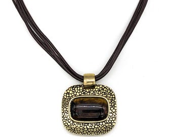 Boho Gold Tone Pendant Necklace with Synthetic Tigers Eye Stone |Adjustable 4 Strand Necklace Brown Cord | Rustic Vintage Statement Necklace