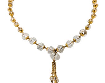 Vintage Clear Crystal Plated Gold Beaded Necklace | Tassel Clear Gold Necklace | Long Clear Necklace | Necklace Retro Crystal Gold Flowers