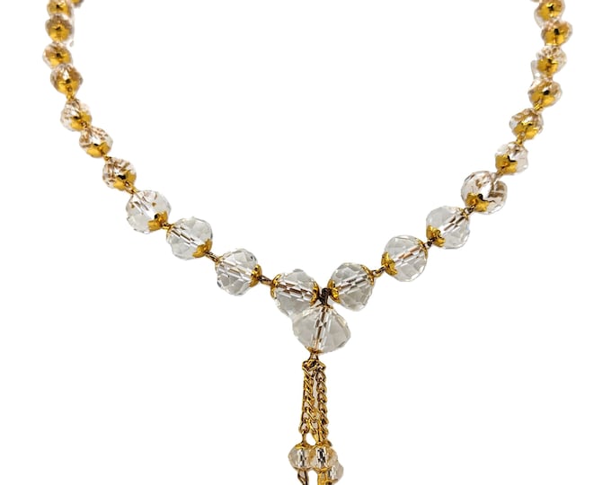 Featured listing image: Vintage Clear Crystal Beaded Necklace: Gold Plated Tassel, 27.5" Long