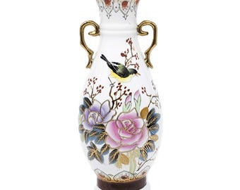 Vintage Chinese Porcelain Vase Hand-Painted Pink Purple Roses Bird Gold Trim | 1950s Asian Decor | Rare Collectible China Vase
