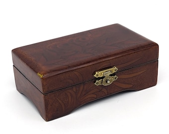 Mid-Century Lacquer Jewelry Box: Floral Trinket Box with Red Silk Lining