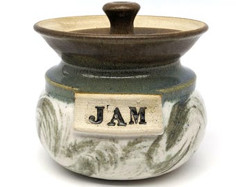Vintage Signed Stoneware Jam Jar with Lid | Handmade Studio Pottery Swirl Glaze Container | Rustic Brown and Green Kitchen Decor Collectible