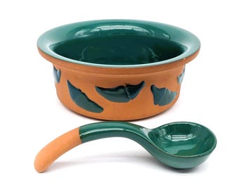 Vintage Mexican Terracotta Salsa Bowl and Spoon | Green Glaze Interior | Chili Pepper Decor | Rustic Red Clay Dish for Guacamole & Tacos