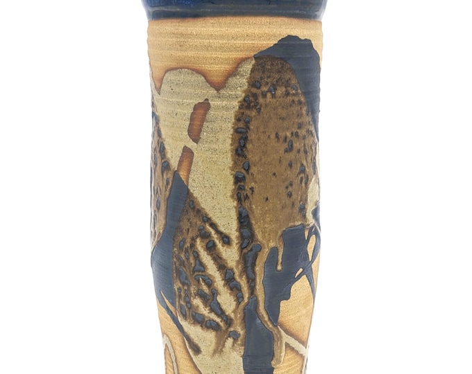 Featured listing image: Vintage Studio Pottery Flower Vase by Andrew K. Loco | 70s BC Canadian Stoneware Vase Signed Art Pottery Vase Drip Glaze Home Deco