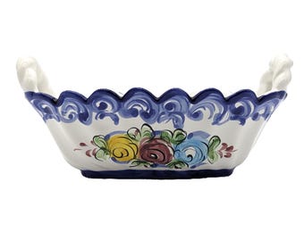 Vintage Portuguese Ceramic Oval Bowl Basket |Cobalt Blue Floral Pottery by Vestal Alcobaça Portugal |Traditional Portuguese Folk Art Pottery