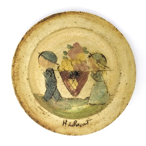 Hubert Du Roscoat Studio Pottery Plate 12.5″ (31.8 cm) | Vintage Canadian Rustic Wall Plate Ceramic | Kid Carrying Flower Wall Hanging Decor