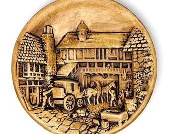 Rare 'The Arrival' W.H. Bossons Chalkware Plate | 1950s-60s Reproduction Western Wall Decor | Rustic Mid-Century Vintage Art Collectible